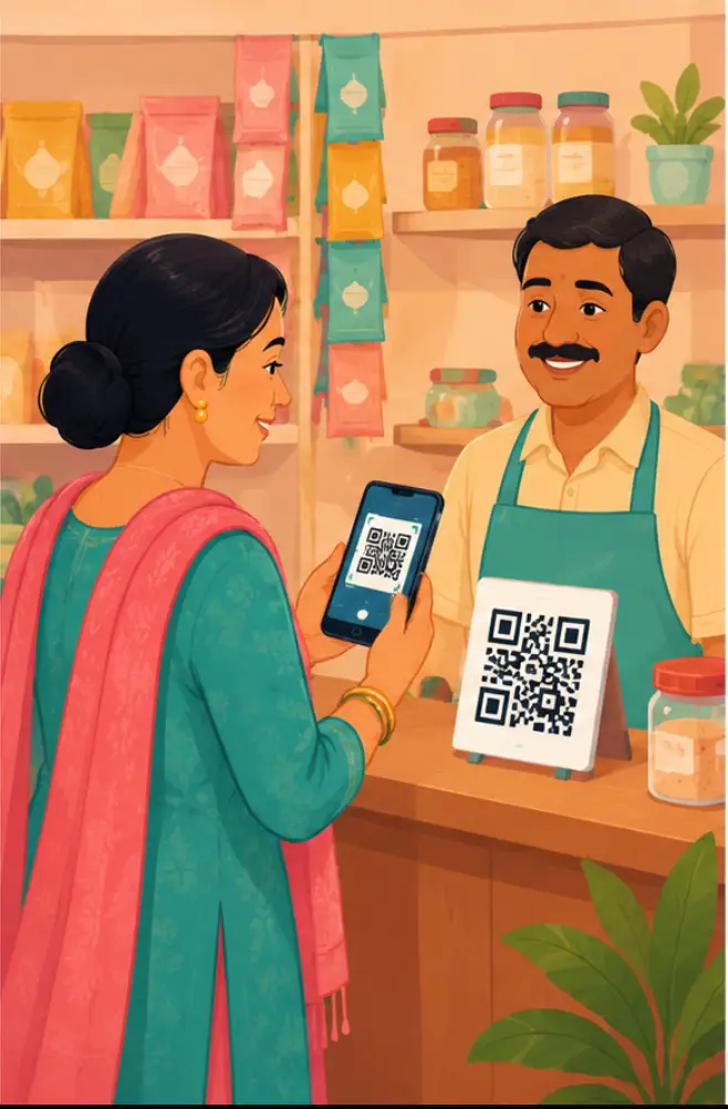 दुकान पर QR कोड स्कैन करके पेमेंट करना